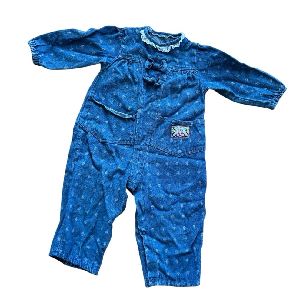Vintage Mine Alone Blue Denim Jumpsuit Overalls Baby Girl Size 24M